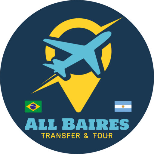 Logo da All Baires Transfer & Tour com avião e bandeiras do Brasil e Argentina.
